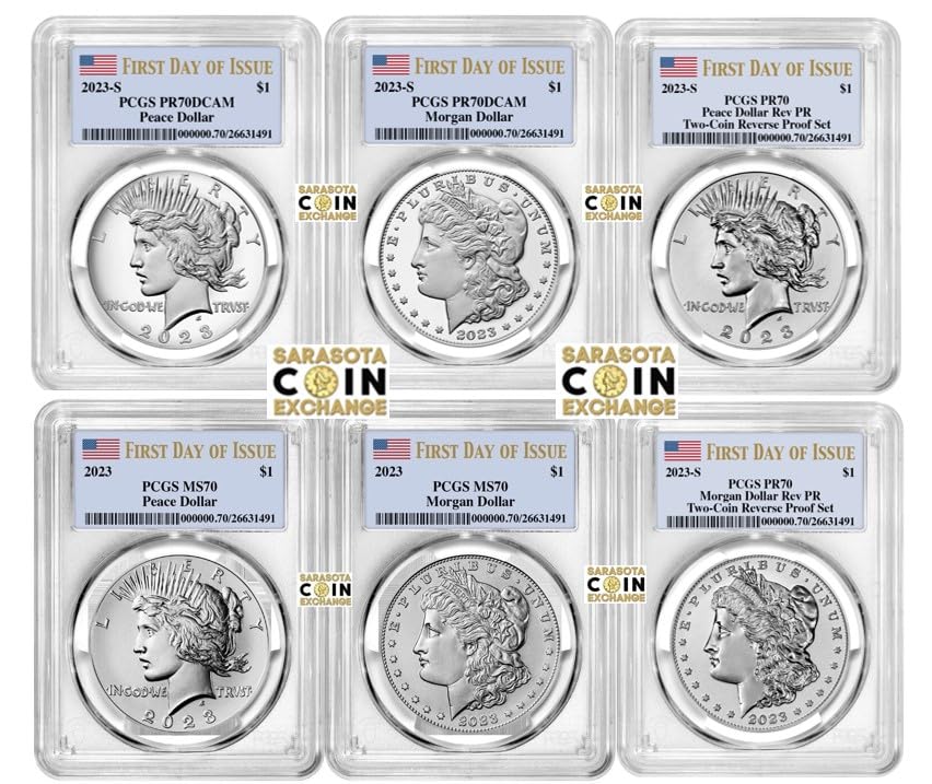 2023 S 2023 $1 Morgan and Peace Silver Dollar 6pc Set PCGS MS70,PR 2023 S 2023 $1 Morgan and Peace Silver Dollar 6pc Set PCGS MS70,PR